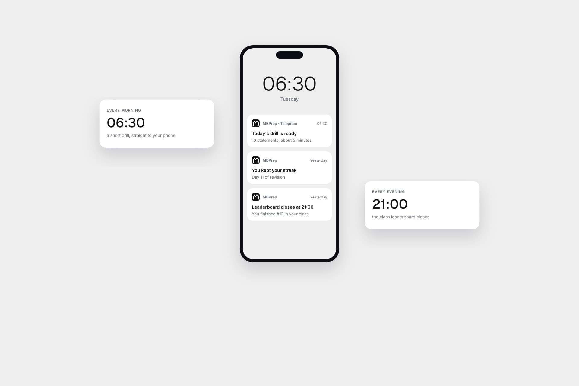 MBPrep notifications: the 06:30 drill and the 21:00 leaderboard
