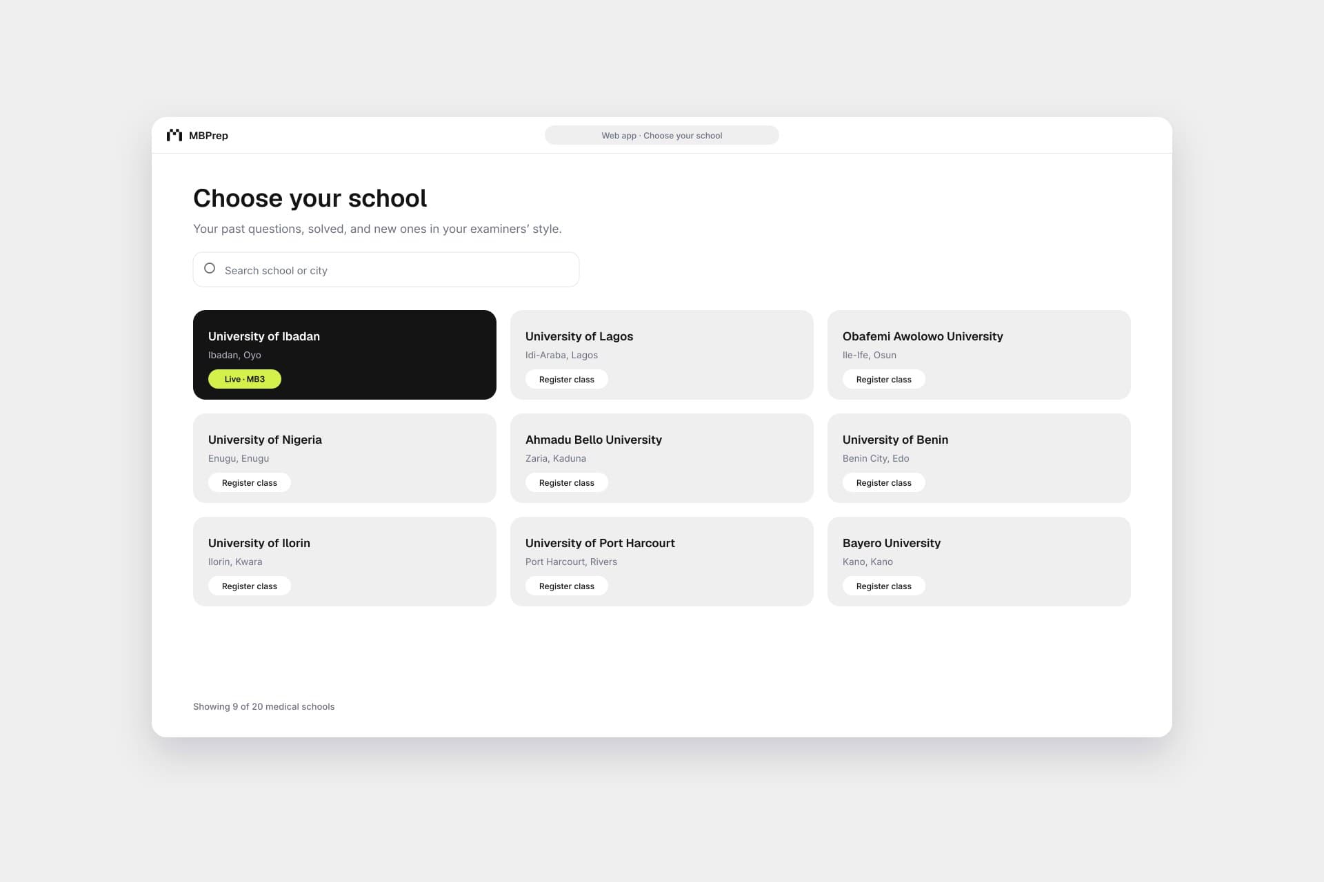 MBPrep school picker listing Nigerian medical schools, with the University of Ibadan live