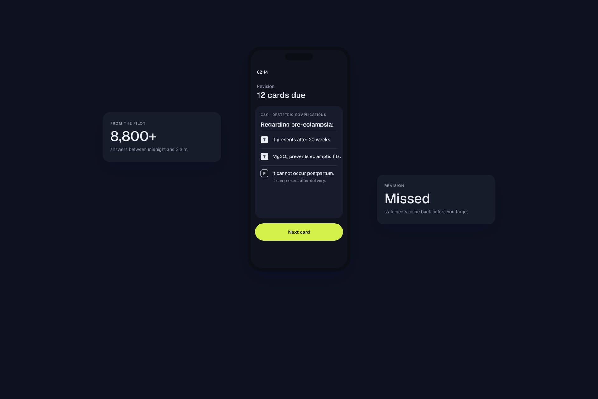 MBPrep revision queue in dark mode at 02:14, with a pre-eclampsia question